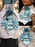 Aqua Frost Crystal Bow Statement Tie - icy aqua satin oversized bow with teal starburst crystal brooch