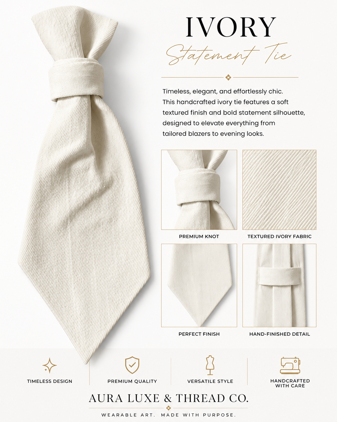 Ivory Denim Statement Tie by Aura Luxe and Thread