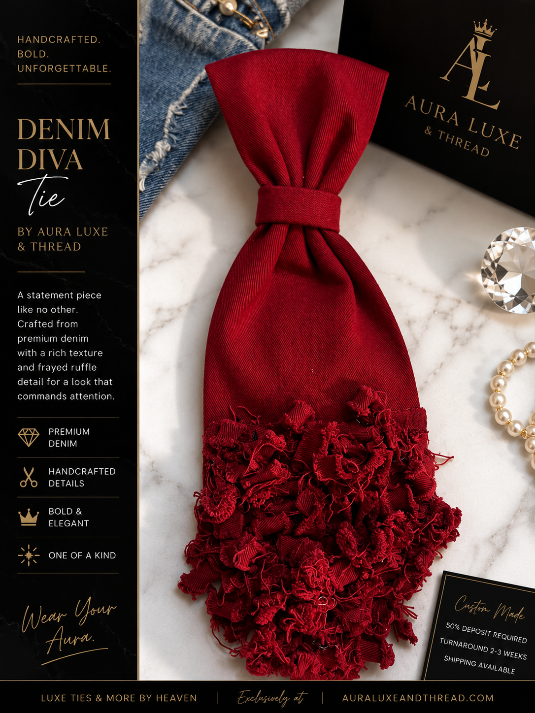Denim Diva Tie in crimson with frayed ruffle detail by Aura Luxe And Thread