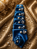 Sapphire Pearl Luxe Statement Tie - royal blue satin with pearl and crystal clusters and satin rose tip
