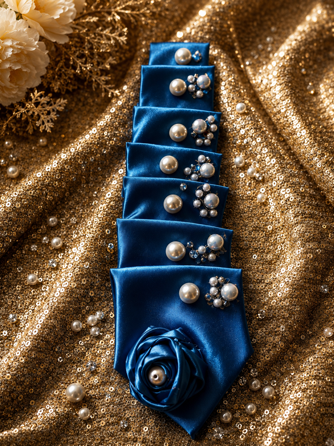 Sapphire Pearl Luxe Statement Tie - royal blue satin with pearl and crystal clusters and satin rose tip