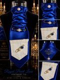 Royal Pearl Luxe Statement Tie - cobalt blue satin with pearl button, denim pocket and gold pin accent
