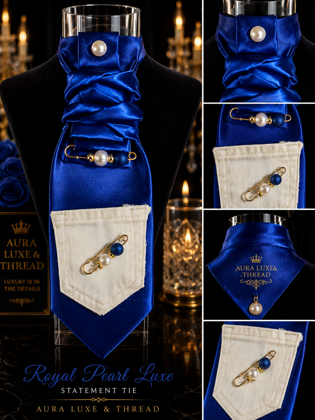 Royal Pearl Luxe Statement Tie - cobalt blue satin with pearl button, denim pocket and gold pin accent