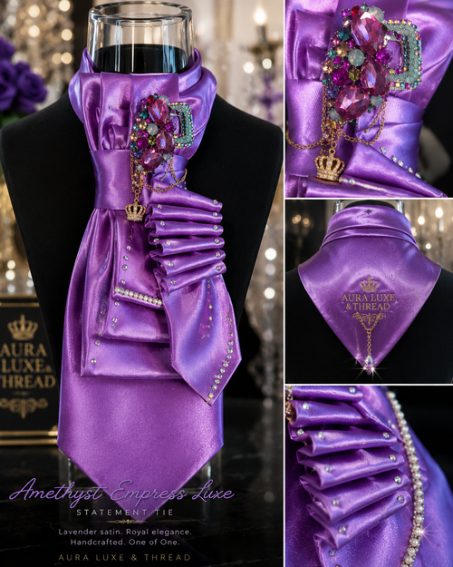 Amethyst Empress Luxe Statement Tie - lavender satin with jeweled brooch and rhinestone trim