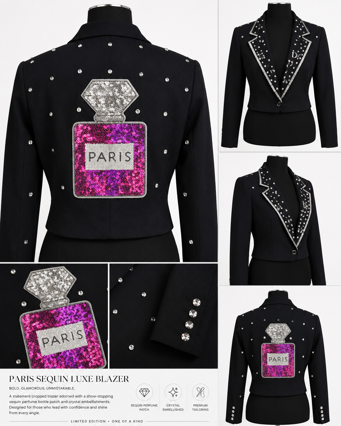 Paris Sequin Luxe Blazer with sequin perfume bottle patch and crystal embellishments