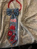 Denim Diva Summer tie with Hello Summer patch, red handbag and heels appliqués, pearl studs, denim bow, and red bead necklace